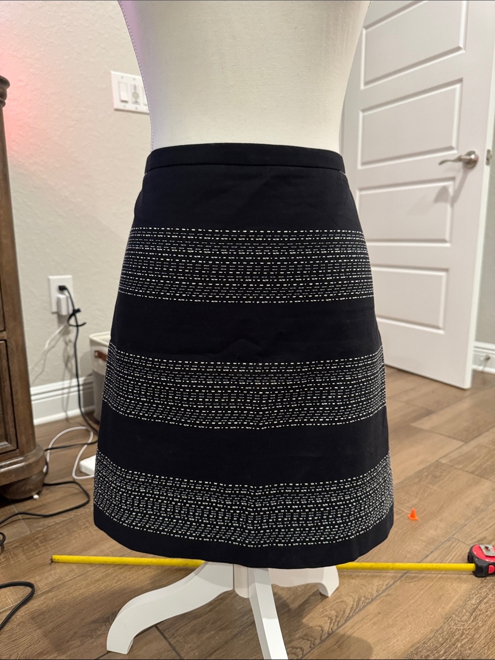 LOFT Black A-Line Skirt with White Stitch Band Stripes